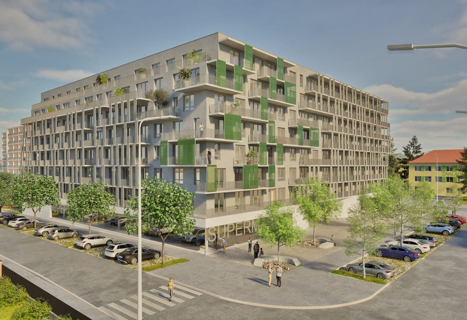 Návrh domu na rohu Hofbauerovy a Kolínovy, v přízemí supermarket